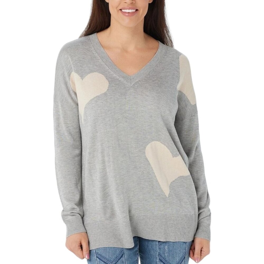 Laurie Felt Sweater Size XL Cashmere Blend Intarsia V Neck Heather Gray Hearts